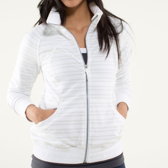 Lululemon Women's Full Zip Jacket, White With Gray Stripes, Size 10 or Large. - Picture 1 of 12